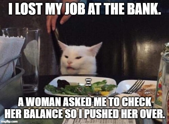 Bank job | I LOST MY JOB AT THE BANK. A WOMAN ASKED ME TO CHECK HER BALANCE SO I PUSHED HER OVER. | image tagged in smudge that darn cat | made w/ Imgflip meme maker