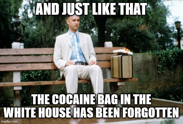 Forgotten Cocaine | AND JUST LIKE THAT; THE COCAINE BAG IN THE WHITE HOUSE HAS BEEN FORGOTTEN | image tagged in forrest gump | made w/ Imgflip meme maker