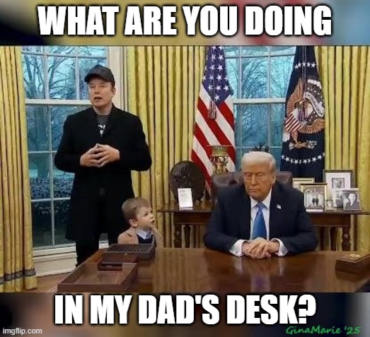 Elon's Desk | WHAT ARE YOU DOING; IN MY DAD'S DESK? | image tagged in trump,musk,resolute desk,president musk | made w/ Imgflip meme maker