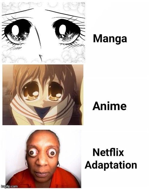 why the eyes so big tho | image tagged in netflix adaptation,anime,manga,netflix,funny,memes | made w/ Imgflip meme maker