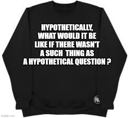 hypothetically, what would it be like if there was no such thing as a hypothetical question | HYPOTHETICALLY, WHAT WOULD IT BE LIKE IF THERE WASN'T A SUCH  THING AS A HYPOTHETICAL QUESTION ? | image tagged in funny,fun,play on words,questions,humor | made w/ Imgflip meme maker