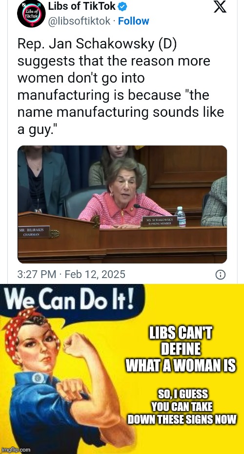 Leftist loonies in Congress | LIBS CAN'T DEFINE WHAT A WOMAN IS; SO, I GUESS YOU CAN TAKE DOWN THESE SIGNS NOW | image tagged in we can do it,liberals,leftists,democrats | made w/ Imgflip meme maker