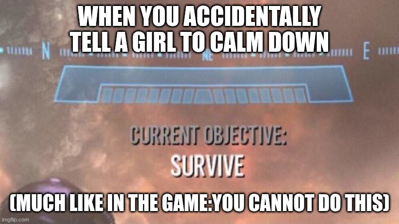 Current Objective: Survive | WHEN YOU ACCIDENTALLY TELL A GIRL TO CALM DOWN; (MUCH LIKE IN THE GAME:YOU CANNOT DO THIS) | image tagged in current objective survive | made w/ Imgflip meme maker