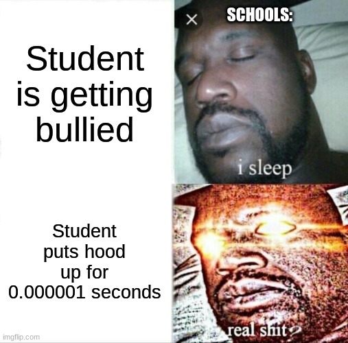 Have a good day | SCHOOLS:; Student is getting bullied; Student puts hood up for 0.000001 seconds | image tagged in memes,sleeping shaq,funny,fun,school | made w/ Imgflip meme maker