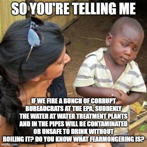 EPA fearmongering | SO YOU'RE TELLING ME; IF WE FIRE A BUNCH OF CORRUPT BUREAUCRATS AT THE EPA, SUDDENLY THE WATER AT WATER TREATMENT PLANTS AND IN THE PIPES WILL BE CONTAMINATED OR UNSAFE TO DRINK WITHOUT BOILING IT? DO YOU KNOW WHAT FEARMONGERING IS? | image tagged in so youre telling me | made w/ Imgflip meme maker