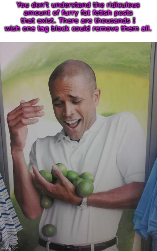 Why Can't I Hold All These Limes Meme | You don't understand the ridiculous amount of furry fat fetish posts that exist. There are thousands I wish one tag block could remove them all. | image tagged in memes,why can't i hold all these limes | made w/ Imgflip meme maker