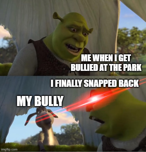 no more bullying | ME WHEN I GET BULLIED AT THE PARK; I FINALLY SNAPPED BACK; MY BULLY | image tagged in shrek for five minutes | made w/ Imgflip meme maker