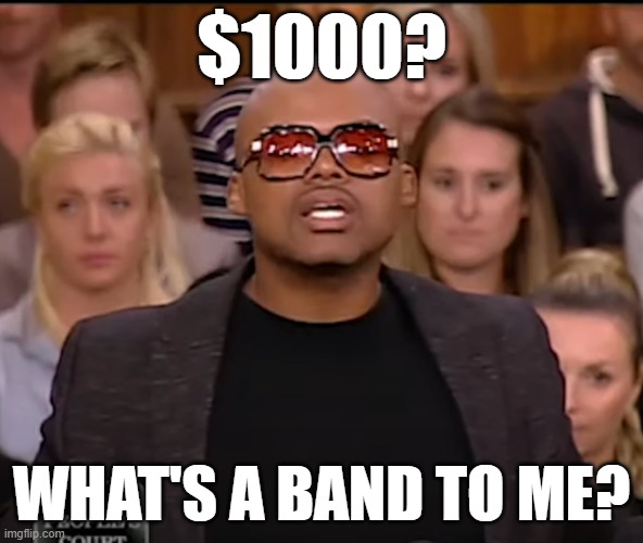 Mr Petty | $1000? WHAT'S A BAND TO ME? | image tagged in money,money money,bag,bank account,banks,crypto | made w/ Imgflip meme maker