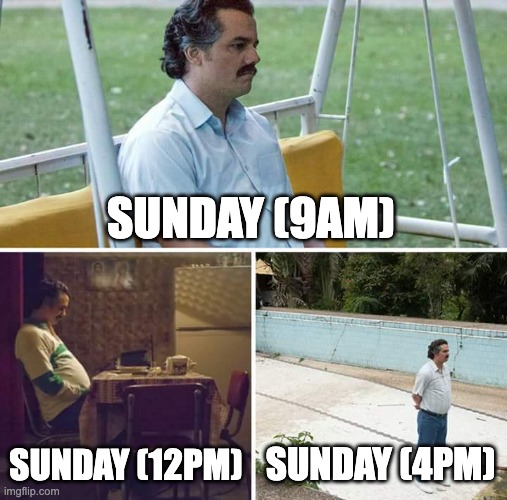 School's tommorow... :( | SUNDAY (9AM); SUNDAY (12PM); SUNDAY (4PM) | image tagged in memes,sad pablo escobar,sunday,school | made w/ Imgflip meme maker