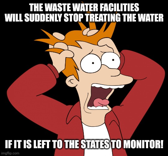 Futurama Fry Screaming | THE WASTE WATER FACILITIES WILL SUDDENLY STOP TREATING THE WATER IF IT IS LEFT TO THE STATES TO MONITOR! | image tagged in futurama fry screaming | made w/ Imgflip meme maker