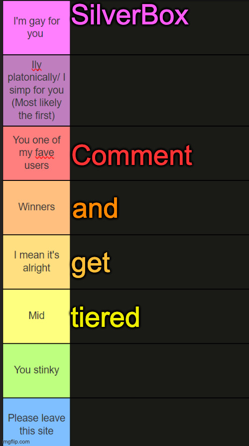 Neko new tier list | SilverBox; Comment; and; get; tiered | image tagged in neko new tier list | made w/ Imgflip meme maker