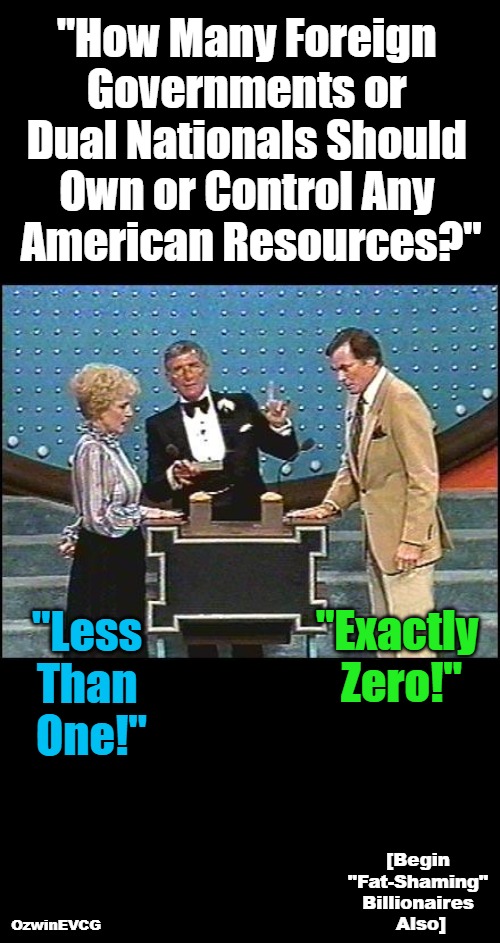 [Begin "Fat-Shaming" Billionaires Also] | "How Many Foreign 

Governments or 

Dual Nationals Should 

Own or Control Any 

American Resources?"; "Less 

Than 

One!"; "Exactly 

Zero!"; [Begin 

"Fat-Shaming" 

Billionaires 

Also]; OzwinEVCG | image tagged in richard dawson family feud,america first,foreign subversion,dual nationals,oligarchy,maga | made w/ Imgflip meme maker