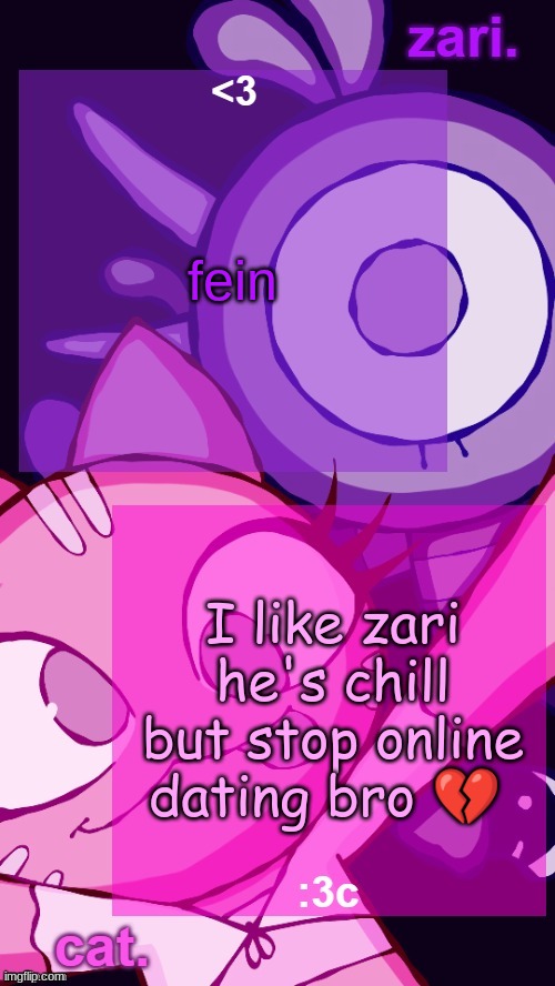 zari and cat catbirddog temp lol | fein; I like zari he's chill but stop online dating bro 💔 | image tagged in zari and cat catbirddog temp lol | made w/ Imgflip meme maker