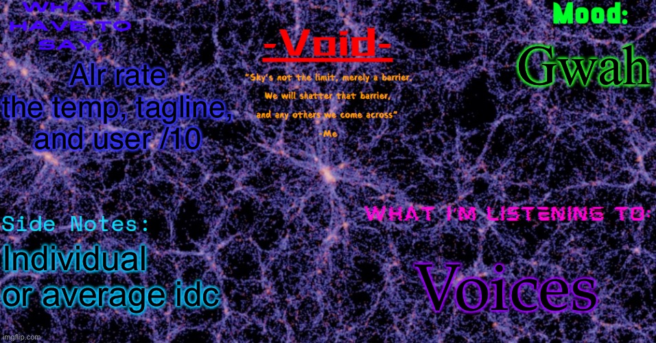 I like to think I cooked | Gwah; Alr rate the temp, tagline, and user /10; Voices; Individual or average idc | image tagged in void announcement temp | made w/ Imgflip meme maker