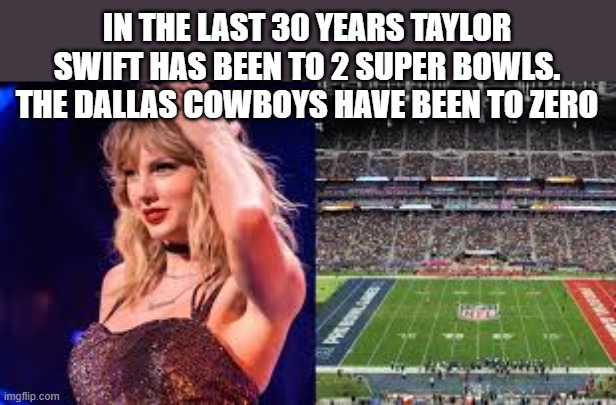 Taylor Swift has been to 2 Super Bowls in 30 years. The Dallas Cowboys "zero" | IN THE LAST 30 YEARS TAYLOR SWIFT HAS BEEN TO 2 SUPER BOWLS. THE DALLAS COWBOYS HAVE BEEN TO ZERO | image tagged in sports,super bowl,taylor swift,dallas cowboys,funny,humor | made w/ Imgflip meme maker