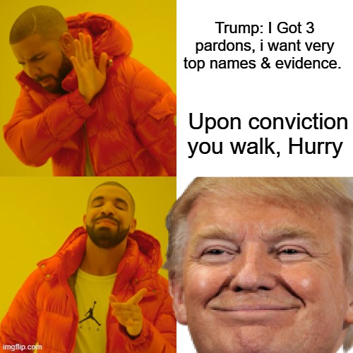 They have a exp. date. Get them to attack each other | Trump: I Got 3 pardons, i want very top names & evidence. Upon conviction you walk, Hurry | image tagged in memes,drake hotline bling | made w/ Imgflip meme maker