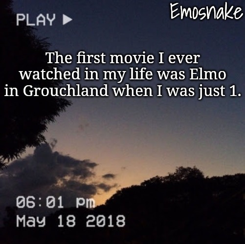 Emosnake's dreamy temp | The first movie I ever watched in my life was Elmo in Grouchland when I was just 1. | image tagged in emosnake's dreamy temp | made w/ Imgflip meme maker