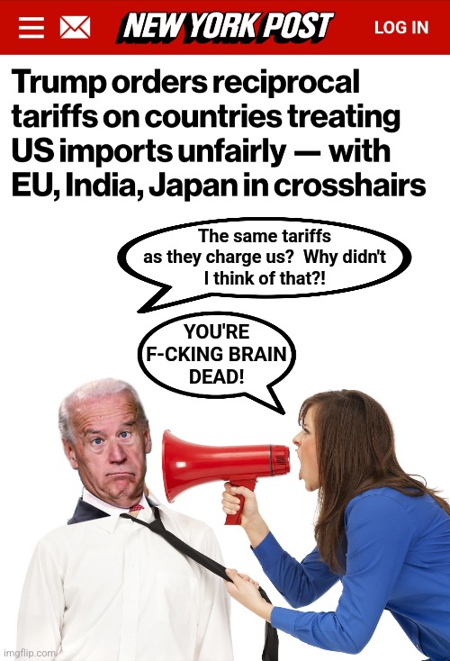 The same tariffs
as they charge us?  Why didn't
I think of that?! YOU'RE
F-CKING BRAIN
DEAD! | image tagged in yelling shouting,memes,tariffs,donald trump,joe biden,brain dead | made w/ Imgflip meme maker