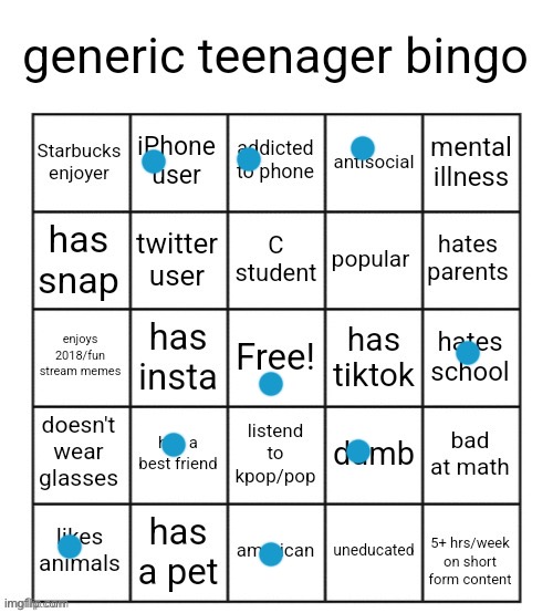 generic teenager bingo | image tagged in generic teenager bingo | made w/ Imgflip meme maker