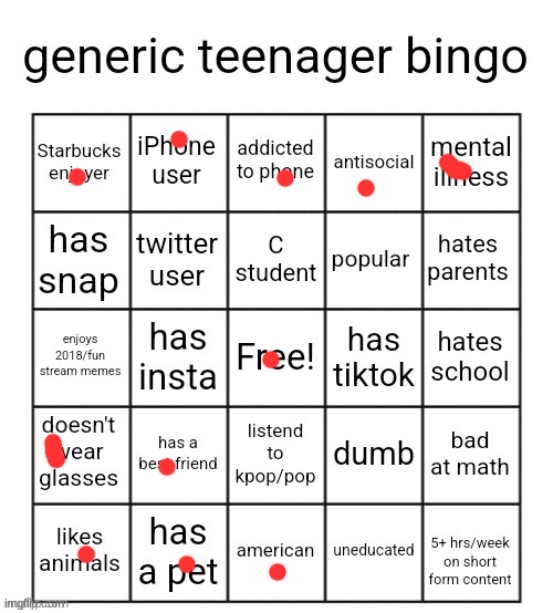 generic teenager bingo | image tagged in generic teenager bingo | made w/ Imgflip meme maker