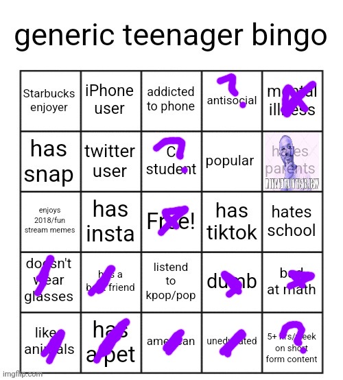 generic teenager bingo | image tagged in generic teenager bingo | made w/ Imgflip meme maker