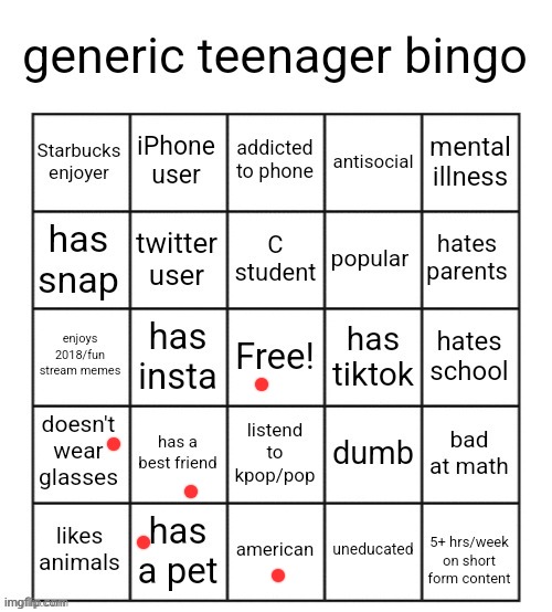 generic teenager bingo | image tagged in generic teenager bingo | made w/ Imgflip meme maker