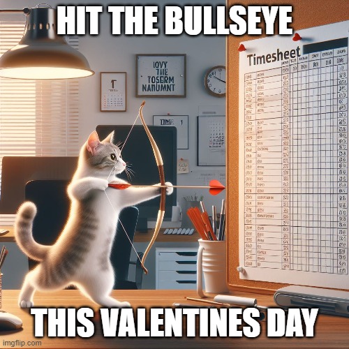 CATS Timesheet valentines Reminder | HIT THE BULLSEYE; THIS VALENTINES DAY | image tagged in cats reminder valentine,timesheet reminder,cats reminder,valentines | made w/ Imgflip meme maker