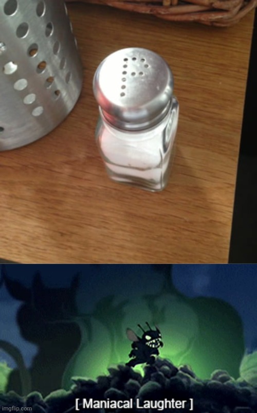 Salt shaker but with the letter "P" being pepper shaker | image tagged in evil stitch,salt,salt shaker,pepper,you had one job,memes | made w/ Imgflip meme maker