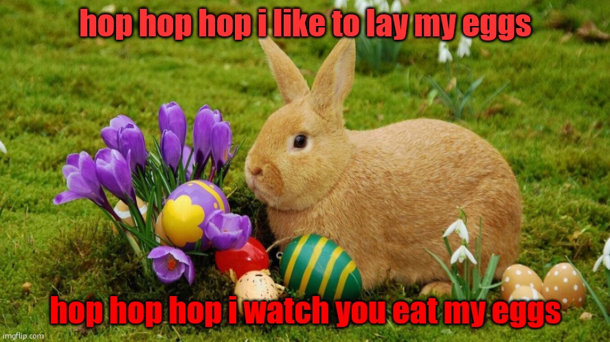 easter bunny | hop hop hop i like to lay my eggs; hop hop hop i watch you eat my eggs | image tagged in easter bunny | made w/ Imgflip meme maker