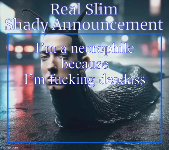 Real Slim Shady announcement temp | I’m a necrophile because I’m fucking deadass | image tagged in real slim shady announcement temp,chat | made w/ Imgflip meme maker