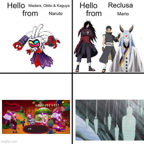 Soli-Tree = Infinite Tsukuyomi | Reclusa; Madara, Obito & Kaguya; Naruto; Mario | image tagged in hello person from,mario,naruto | made w/ Imgflip meme maker