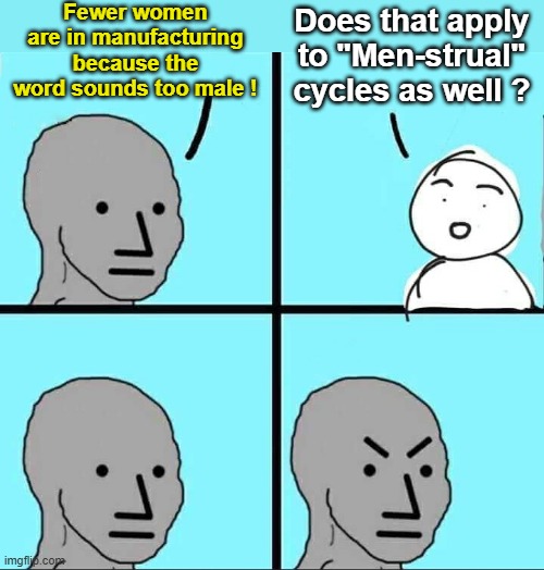 Lefty Logic Fails again | Fewer women are in manufacturing because the word sounds too male ! Does that apply to "Men-strual" cycles as well ? | image tagged in manufacturing,menstrual cycles | made w/ Imgflip meme maker