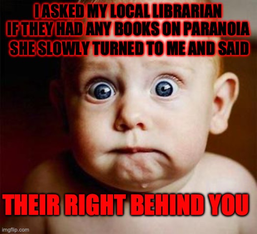 And their coming for you... | I ASKED MY LOCAL LIBRARIAN IF THEY HAD ANY BOOKS ON PARANOIA; SHE SLOWLY TURNED TO ME AND SAID; THEIR RIGHT BEHIND YOU | image tagged in scared baby,funny,dad joke | made w/ Imgflip meme maker