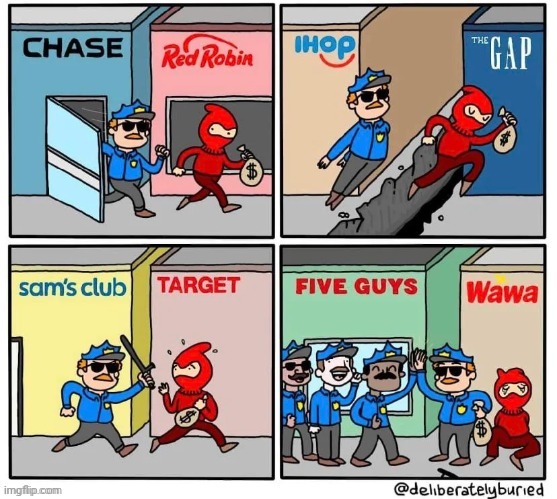 The big chase | image tagged in chase,robbery,restaurant,cop,comics,comics/cartoons | made w/ Imgflip meme maker