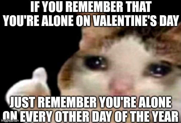 Fax | IF YOU REMEMBER THAT YOU'RE ALONE ON VALENTINE'S DAY; JUST REMEMBER YOU'RE ALONE ON EVERY OTHER DAY OF THE YEAR | image tagged in sad cat thumbs up,fax,so true memes,cat,sad pablo escobar,lol so funny | made w/ Imgflip meme maker