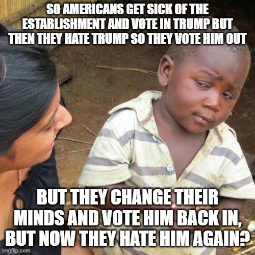 Backforth | SO AMERICANS GET SICK OF THE ESTABLISHMENT AND VOTE IN TRUMP BUT THEN THEY HATE TRUMP SO THEY VOTE HIM OUT; BUT THEY CHANGE THEIR MINDS AND VOTE HIM BACK IN, BUT NOW THEY HATE HIM AGAIN? | image tagged in memes,third world skeptical kid | made w/ Imgflip meme maker