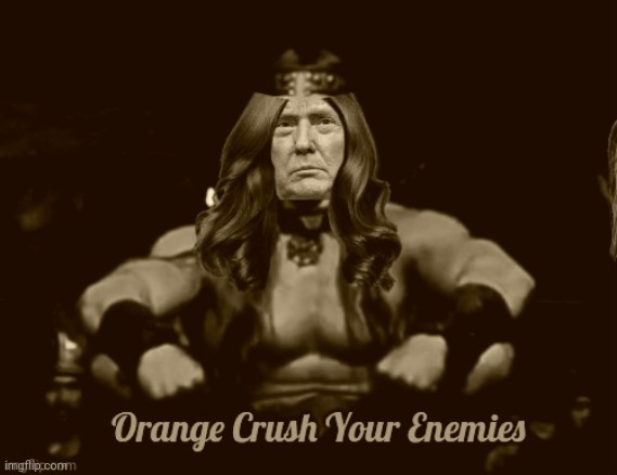 Orange Crush your Enemies | image tagged in donald trump,conan the barbarian,orange,conan crush your enemies | made w/ Imgflip meme maker