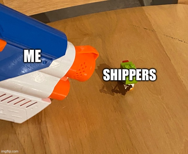 Shoot or spare? | ME; SHIPPERS | image tagged in yoshi at gunpoint | made w/ Imgflip meme maker