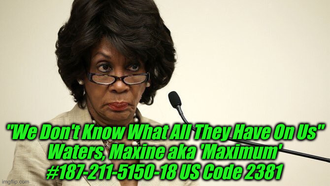 'Mad Maximum' Maxine Waters | "We Don't Know What All They Have On Us"

Waters, Maxine aka 'Maximum'
#187-211-5150-18 US Code 2381 | image tagged in maxine waters crazy,political meme,politics,funny memes,funny,natural life | made w/ Imgflip meme maker