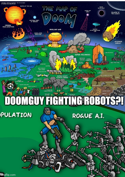 Map of the end of the world | DOOMGUY FIGHTING ROBOTS?! | image tagged in idk,what,end of the world | made w/ Imgflip meme maker