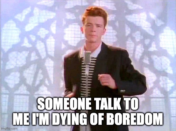 halp | SOMEONE TALK TO ME I'M DYING OF BOREDOM | image tagged in rickrolling | made w/ Imgflip meme maker