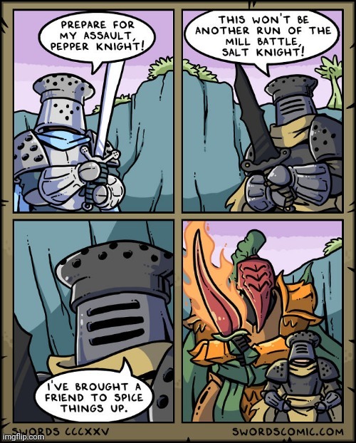 Pepper vs Salt knight | image tagged in pepper,salt,knight,swords,comics,comics/cartoons | made w/ Imgflip meme maker