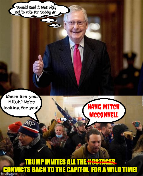 C'mon out Mitch and play | Donald said it was okay not to vote for Bobby Jr. Where are you, Mitch? We're looking for you! Hang Mitch McConnell; TRUMP INVITES ALL THE HOSTAGES CONVICTS BACK TO THE CAPITOL  FOR A WILD TIME! | image tagged in c'mon out mitch and play,january 6th criminals,trump's cult killers,maga murder mitch,mcconnell,rope-a-dope | made w/ Imgflip meme maker