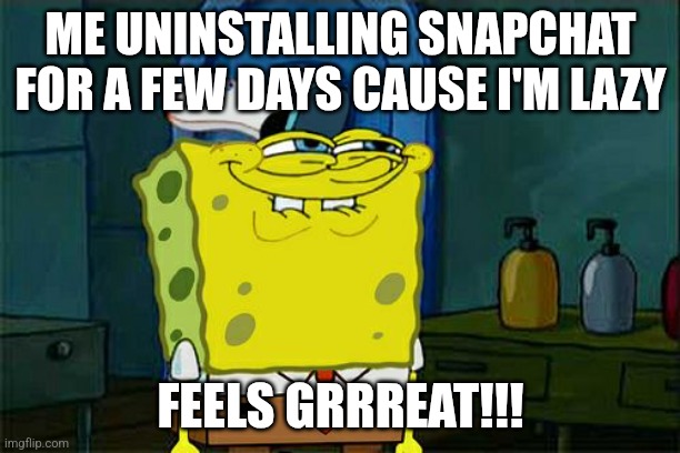 Don't You Squidward | ME UNINSTALLING SNAPCHAT FOR A FEW DAYS CAUSE I'M LAZY; FEELS GRRREAT!!! | image tagged in memes,don't you squidward | made w/ Imgflip meme maker