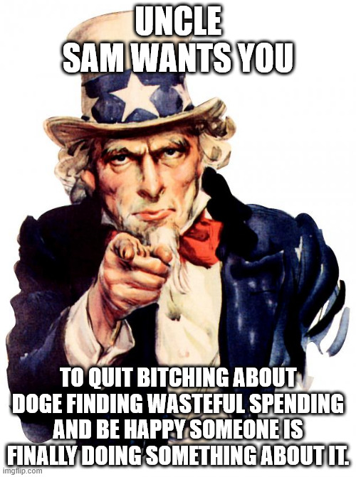 Quit bitching about who is finding the wasteful spending.  Be happy someone is finally doing something about it. | UNCLE SAM WANTS YOU; TO QUIT BITCHING ABOUT DOGE FINDING WASTEFUL SPENDING AND BE HAPPY SOMEONE IS FINALLY DOING SOMETHING ABOUT IT. | image tagged in memes,uncle sam | made w/ Imgflip meme maker