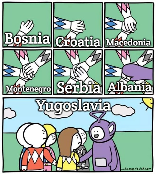 Power Ranger Teletubbies | Macedonia; Bosnia; Croatia; Albania; Serbia; Montenegro; Yugoslavia | image tagged in power ranger teletubbies,slavic,yugoslavia | made w/ Imgflip meme maker