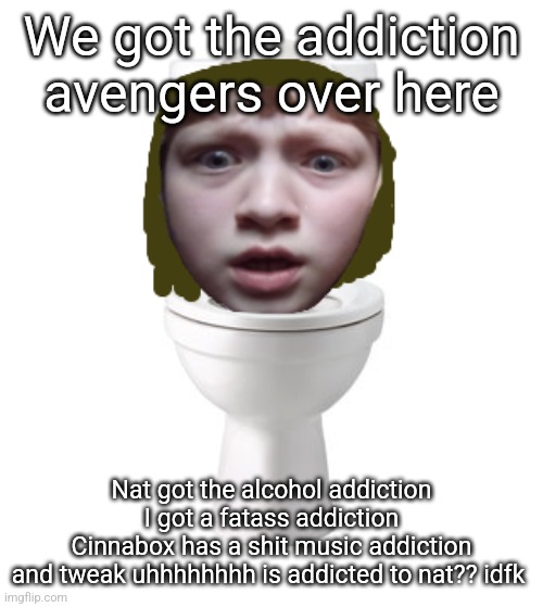 skibidi nat | We got the addiction avengers over here; Nat got the alcohol addiction
I got a fatass addiction
Cinnabox has a shit music addiction
and tweak uhhhhhhhh is addicted to nat?? idfk | image tagged in skibidi nat | made w/ Imgflip meme maker