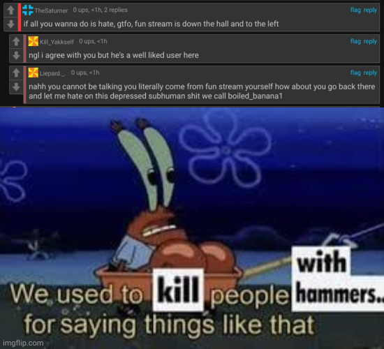 image tagged in we used to kill people with hammers for saying things like that | made w/ Imgflip meme maker