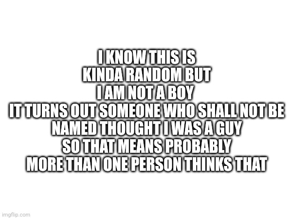 I KNOW THIS IS KINDA RANDOM BUT
I AM NOT A BOY 
IT TURNS OUT SOMEONE WHO SHALL NOT BE NAMED THOUGHT I WAS A GUY SO THAT MEANS PROBABLY MORE THAN ONE PERSON THINKS THAT | made w/ Imgflip meme maker