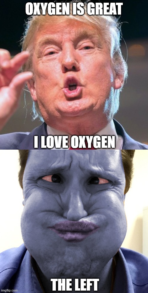 Trump Derangement be like... | OXYGEN IS GREAT; I LOVE OXYGEN; THE LEFT | image tagged in donald trump,tds,triggered liberal,doge | made w/ Imgflip meme maker